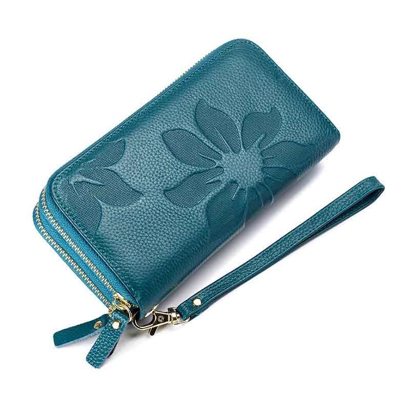 Strapsco Womens Leather Wallet Embossed Double Zipper Wallet-Blue