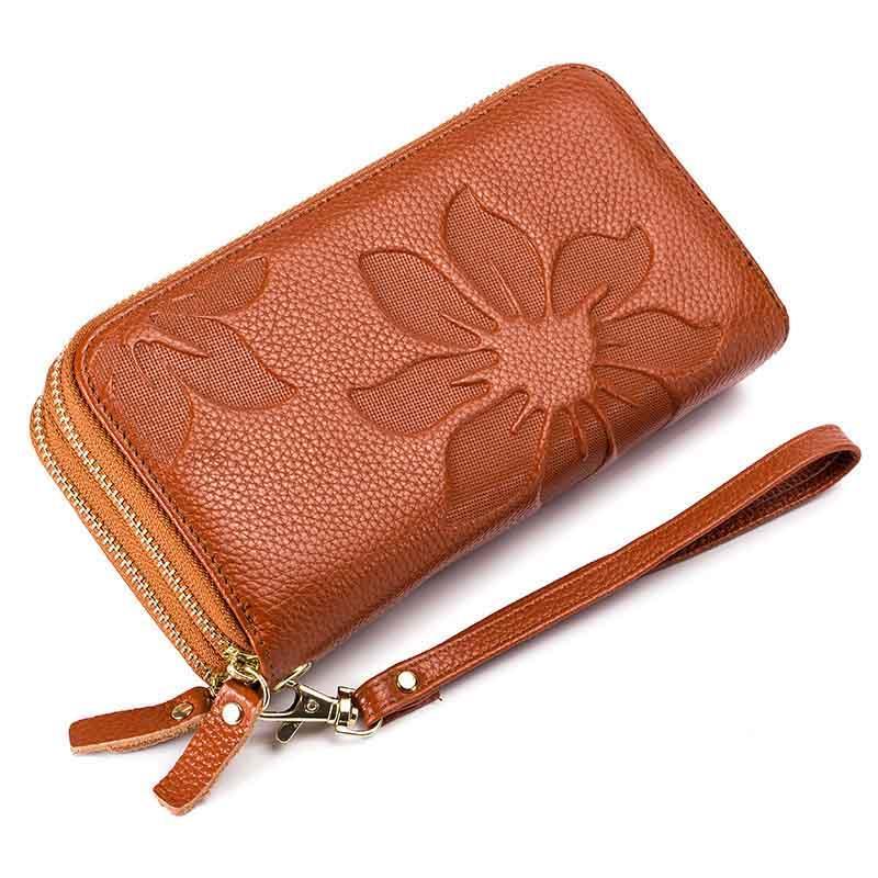 Strapsco Womens Leather Wallet Embossed Double Zipper Wallet-Brown