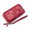 Strapsco Womens Leather Wallet Embossed Double Zipper Wallet-Red Wine