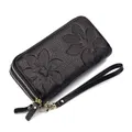 Strapsco Womens Leather Wallet Embossed Double Zipper Wallet-Black