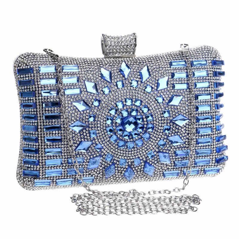 Strapsco Women Geometric Diamante Evening Party Clutch Bags-Blue
