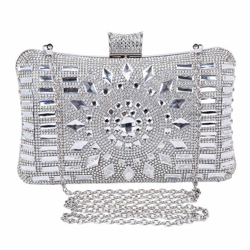 Strapsco Women Geometric Diamante Evening Party Clutch Bags-Silver