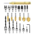 23 Pieces Woodworking Chamfer Drill Bit Tool Woodworking Plug Cutter Drill Bit Automatic Center Punch Kit