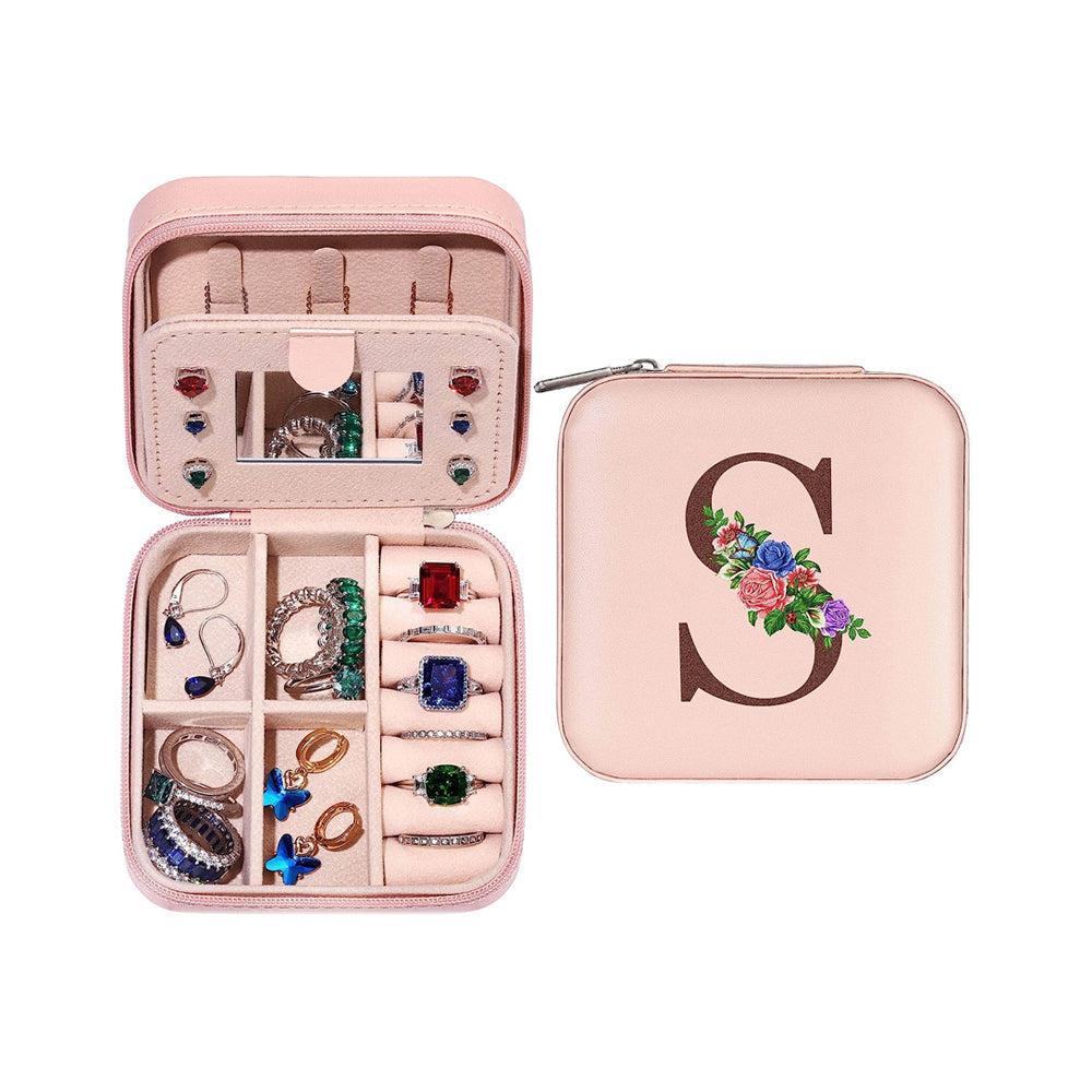 S Initial Letter Travel Jewelry Box Jewelry Case Jewelry Organiser with Mirror for Ring Necklace Earring Jewelry Storage