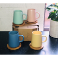 Set Of 4 Coffe/Tea Cup With Bamboo Coasters Lovey Trendy Assorted Colors 320ml