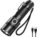 LED Torch Flashlight Tactical Super Bright 4 Modes 1600 lumens IP67 Waterproof USB Rechargeable 18650 Battery for Outdoor Sports，（black）
