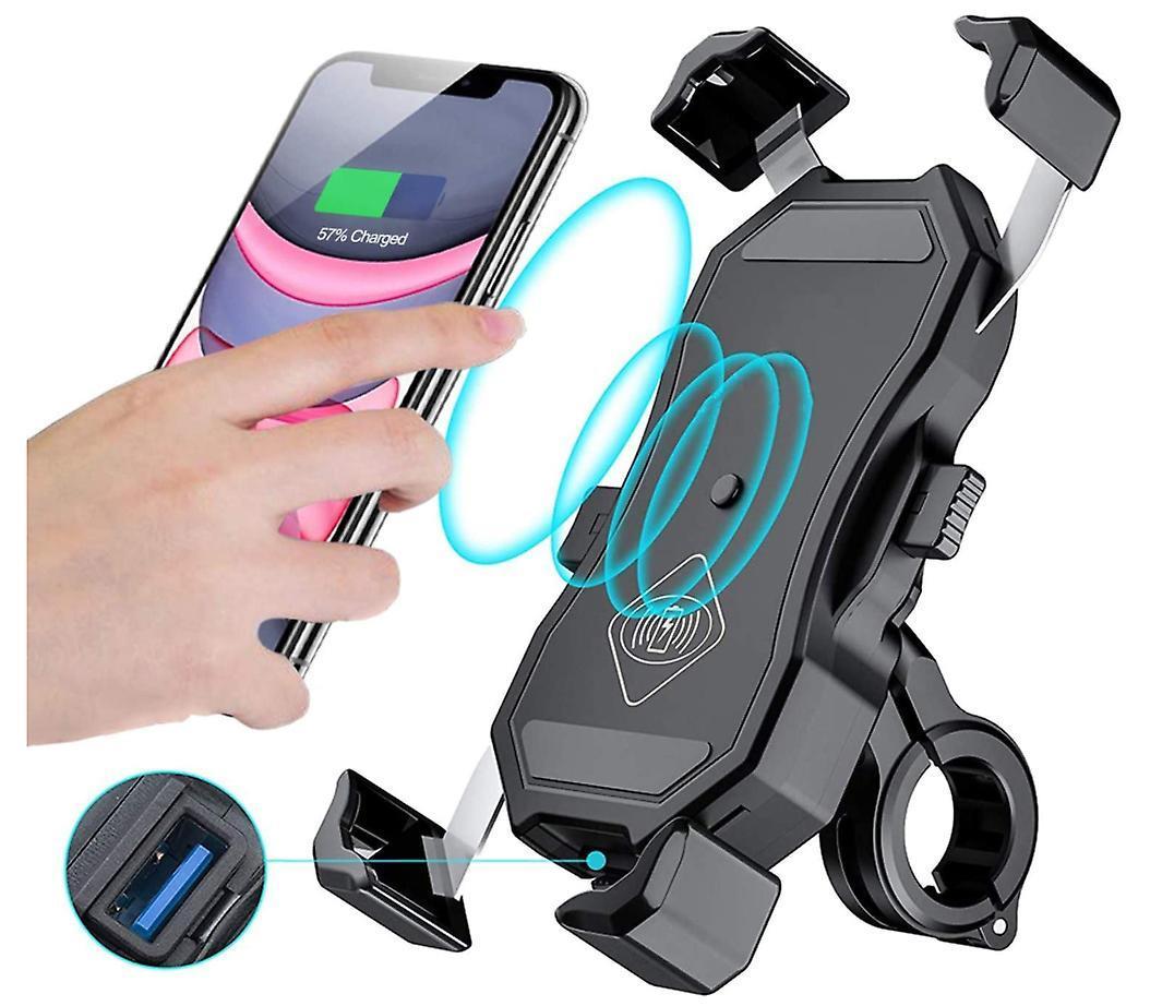 Motorcycle Wireless Qi USB Quick Charge 3.0 Phone Holder Charger Motorbike Cellphone Mount for 22-32mm Handlebar/ Rear-view Mirror Compatible with 3.5-6.8 inch Smartphones(Black)