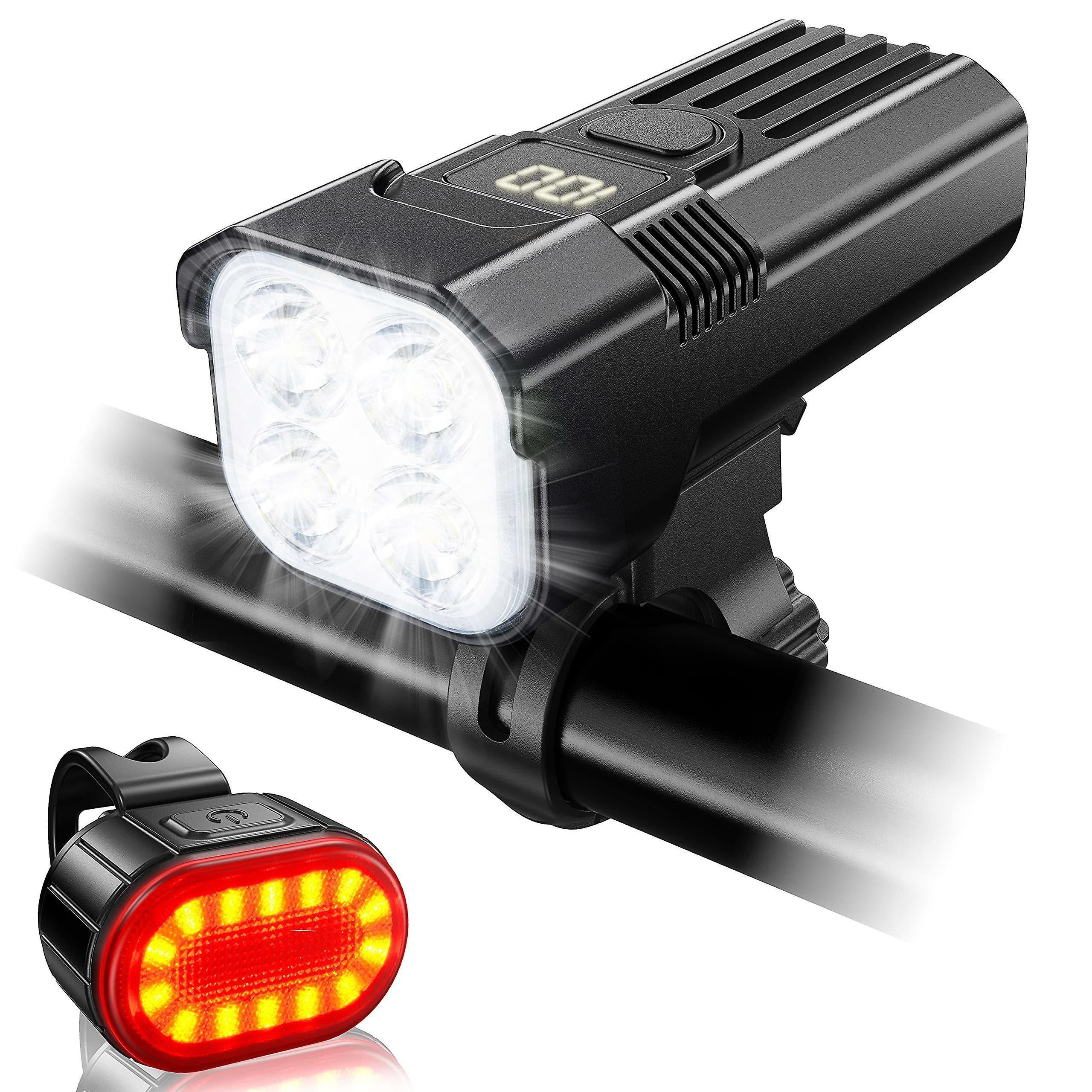 Bike Lights Set, Super Bright 2000 Lumen Front Cycling Light, Durable IP65 Waterproof - USB Rechargeable with 6 Modes Red Rear Light（black）