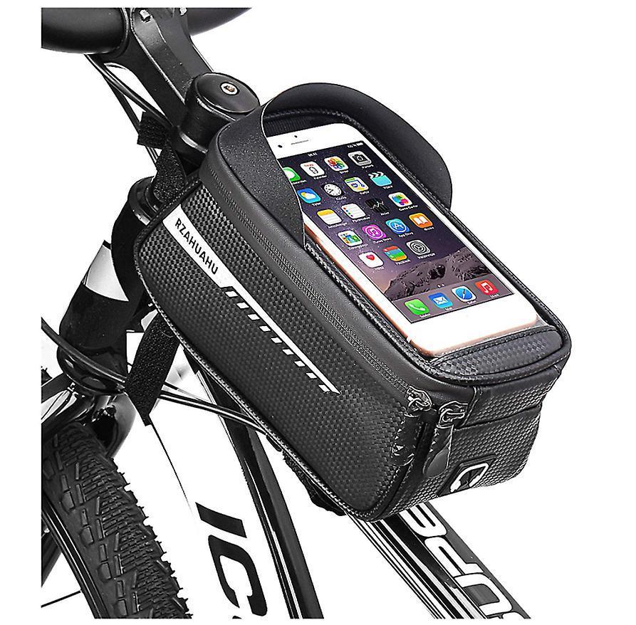 Bicycle Frame Bag, Bike Bag Waterproof Phone Holder Large Capacity Storage Touchscreen Handlebar Bag, Mountain Bike Pouch Bag with Headphone Hole for iPhone Samsung and All Smart Phone Up to 6,5”(Black)