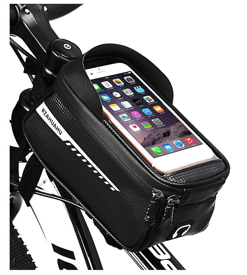Bike Frame Bag, Large Capacity Bike Phone Holder Top Tube Bag Waterproof with TPU Touch Screen with Sun Visor and Rain Cover for iPhone Samsung and other Smartphone Under 7"(Black)
