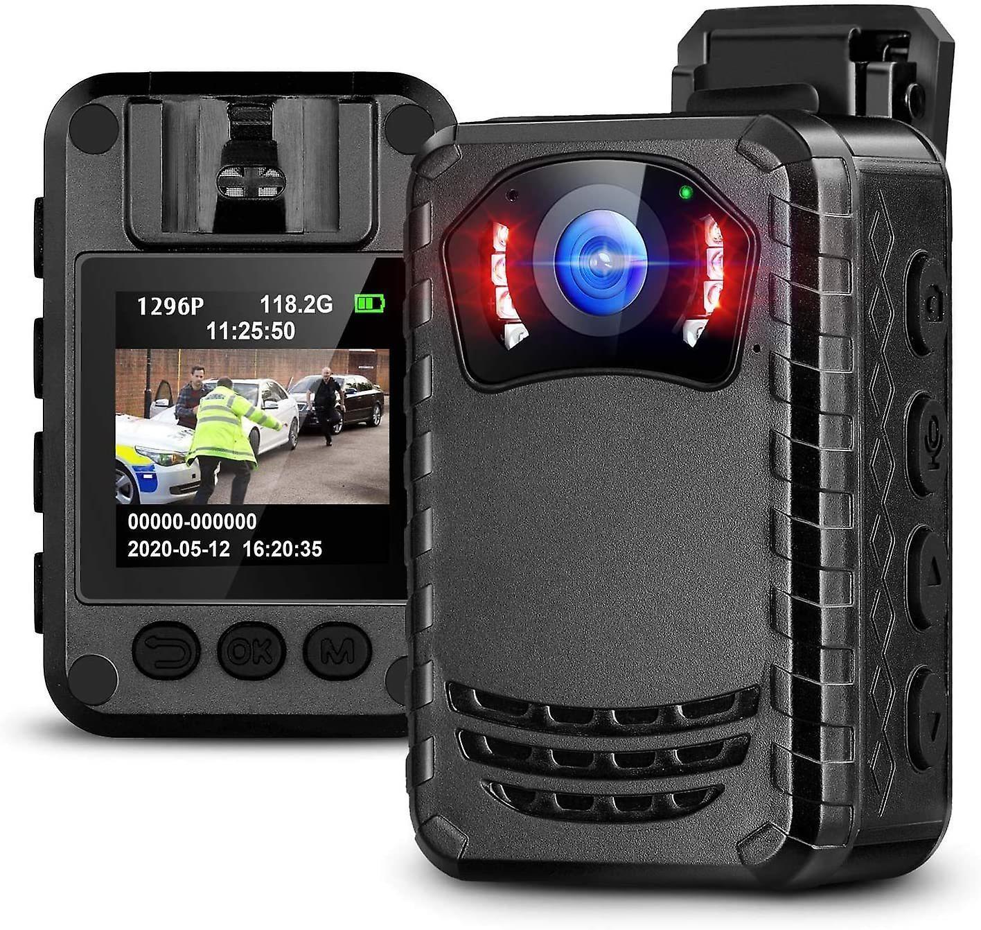 Mini Full HD Camera 1296P Portable Night Vision Police Body Camera-128GB(Black)