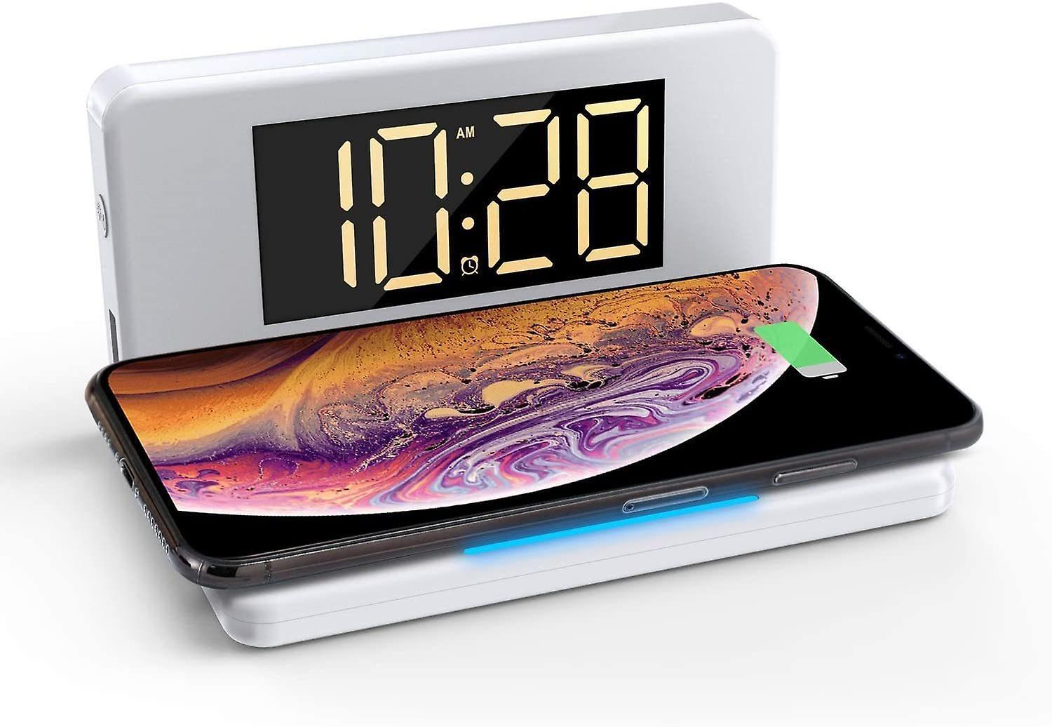 Digital Alarm Clock with Qi Wireless Charging, Bedside Night Light, Dimming Large LED Display with 4 Brightness, USB Charging Port, Compatible with iPhone Samsung AirPods,（white）