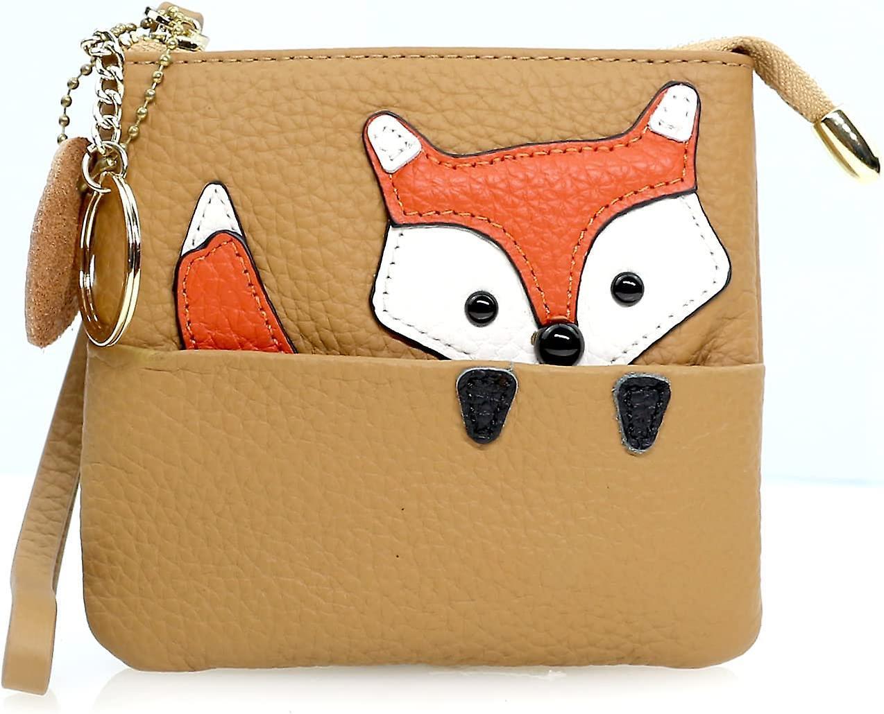 Cute Fox Ultra-thin Small Coin Purse,100% Soft Genuine Leather Change Purse Wallet With Keychain And Zipper For Girls Women