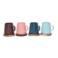 4 Pieces Coffes Mug Cup With Bamboo Coasters Lovey Trendy Assorted Colors 320ml