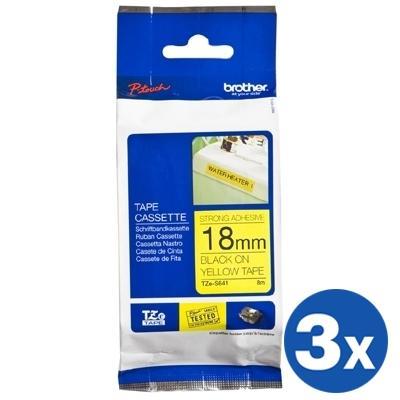 3 x Brother TZe-S641 TZeS641 Original 18mm Black Text on Yellow Strong Adhesive Laminated Tape - 8 metres