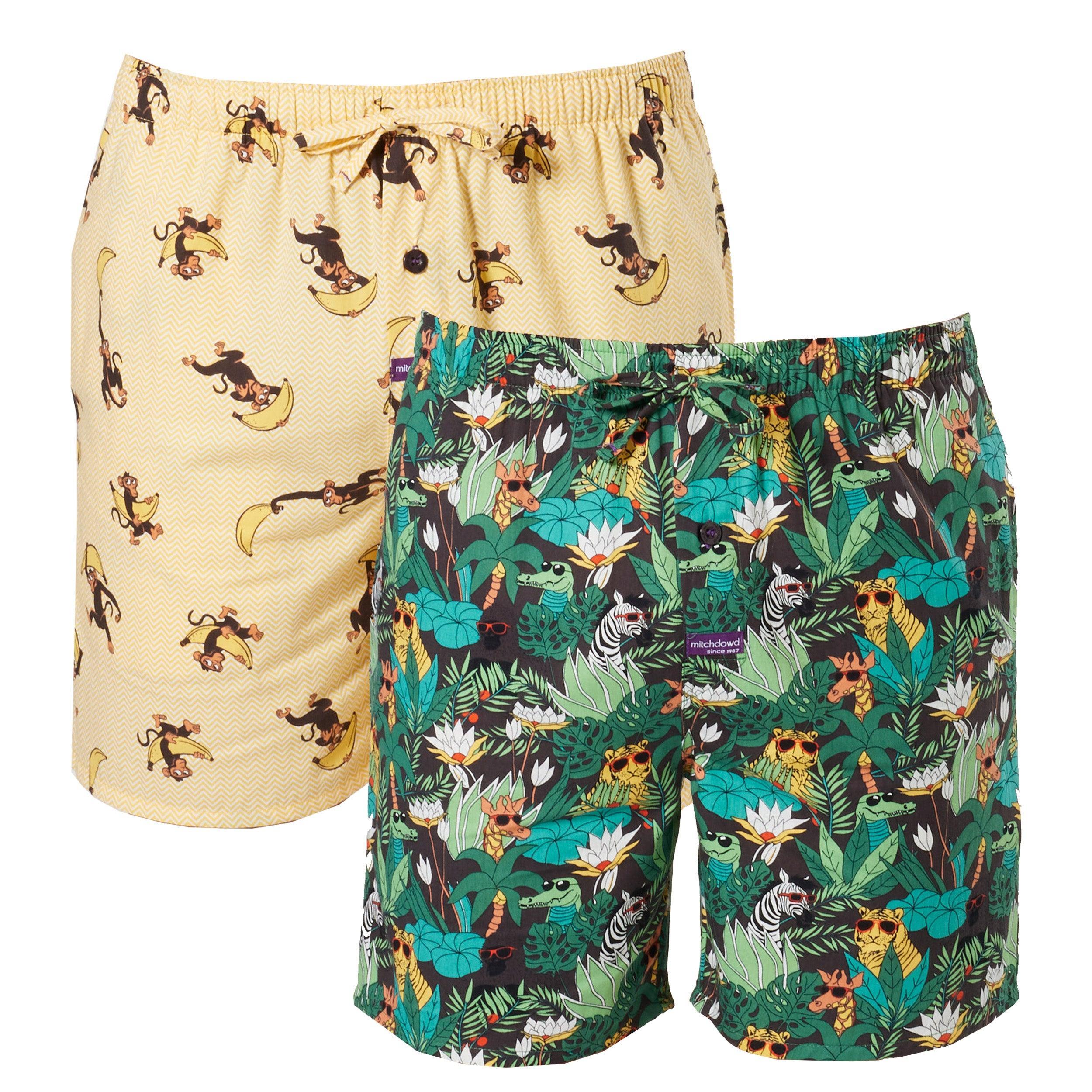Mitch Dowd - Men's Jungle Monkey Cotton Sleep Shorts 2 Pack - Green & Yellow