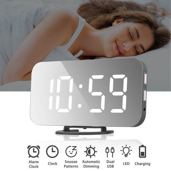 Digital Alarm Clock LED Display Portable Modern USB/Battery Operated Mirror