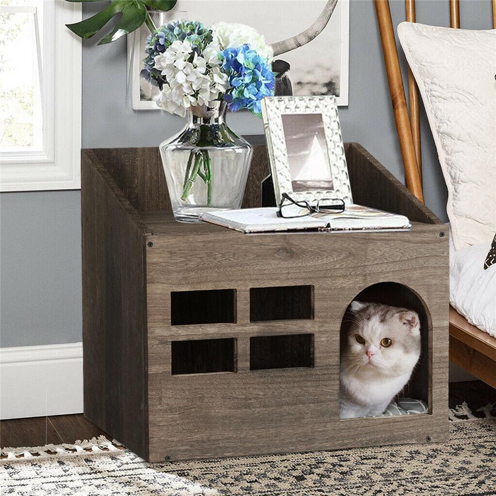 Decorative Cat House Nightstand Wodden Cat Litter Box Pet Crate Enclosed Shelter