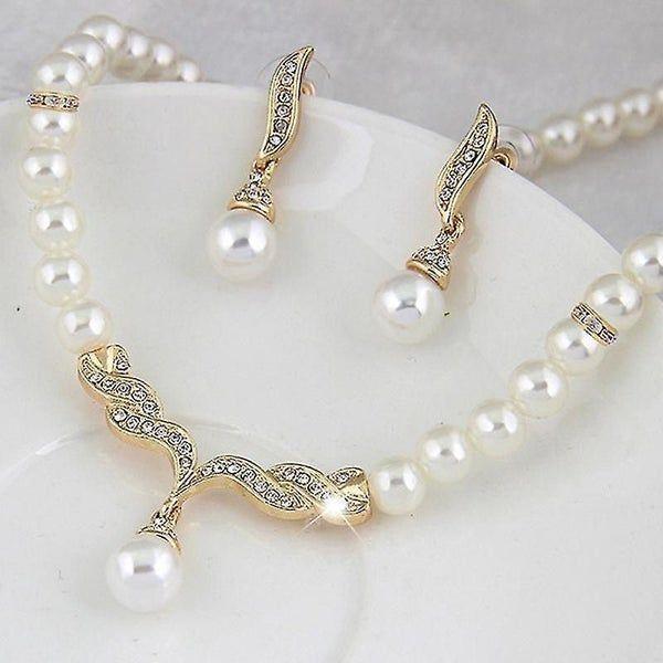 Creative Gold Color Necklace & 1 Pair Earrings, Wedding Bridal Pearl Jewelry Set