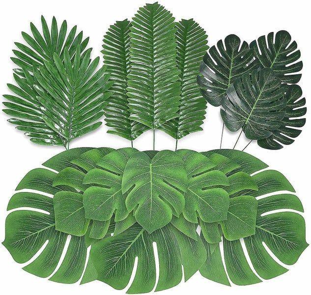 Tropical Party Decoration With Palm Leaves,6 Types Artificial Tropical Green Mon