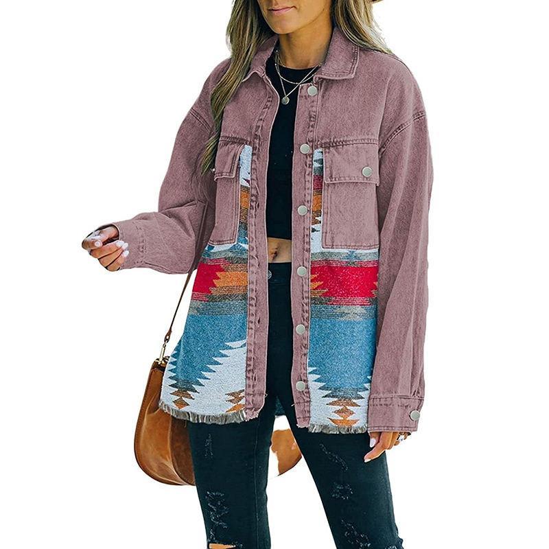 Strapsco Aztec Denim Jacket for Women Distressed Lapel Long Sleeve Coat (BrickRed, XL)