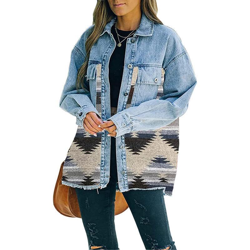 Strapsco Aztec Denim Jacket for Women Distressed Lapel Long Sleeve Coat (Blue, S)