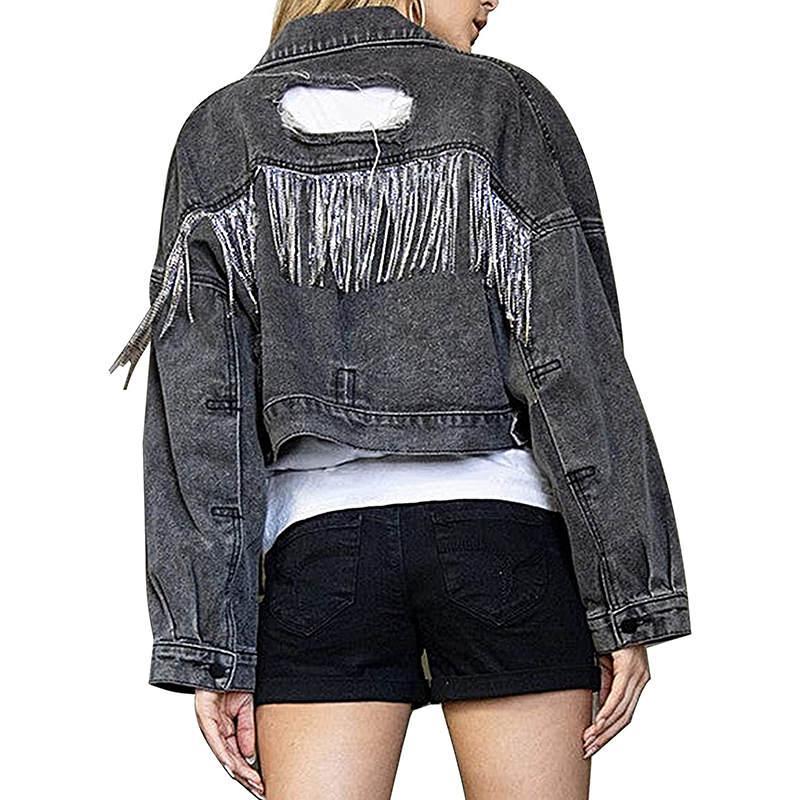 Strapsco Womens Denim Jacket with Fringe Rhinestones Crop Casual Coat (Black, S)