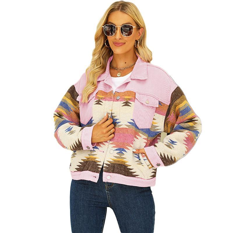 Strapsco Denim Jacket for Women Aztec Print Contrast Color Cropped Coat (Pink, S)