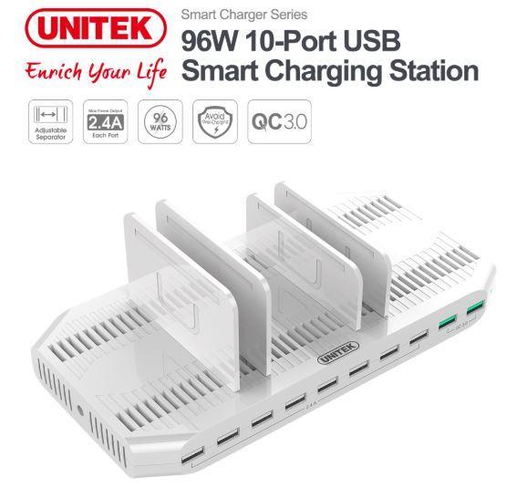 UNITEK 90W 10 Port USB Smart Rapid Charging Charger Hub - White Y-2190A