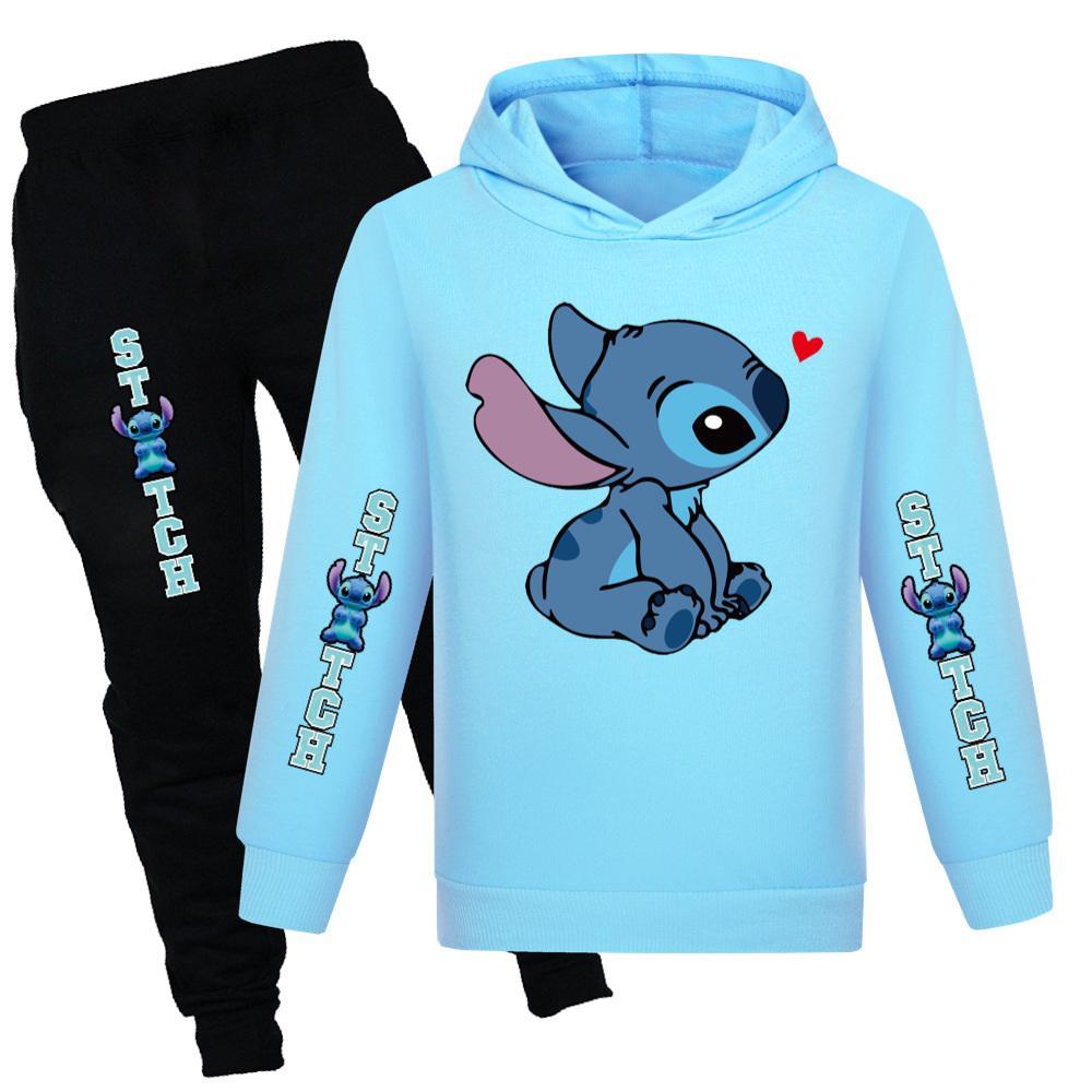 Goodgoods Children Cartoon Stitch Themed Hoodie Outfit Set Long Sleeve Pullover Pants Set Sweatwear Gift(Light Blue,13-14Years)