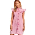Strapsco Denim Dress Ruffle Trim Sleeveless Button down Cute Babydoll (Pink, S)