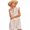 Strapsco Denim Dress Ruffle Trim Sleeveless Button down Cute Babydoll (White, S)