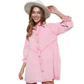Strapsco Denim Shirt Dress for Fall Lantern Sleeve Vintage Loose Babydoll (Pink, S)