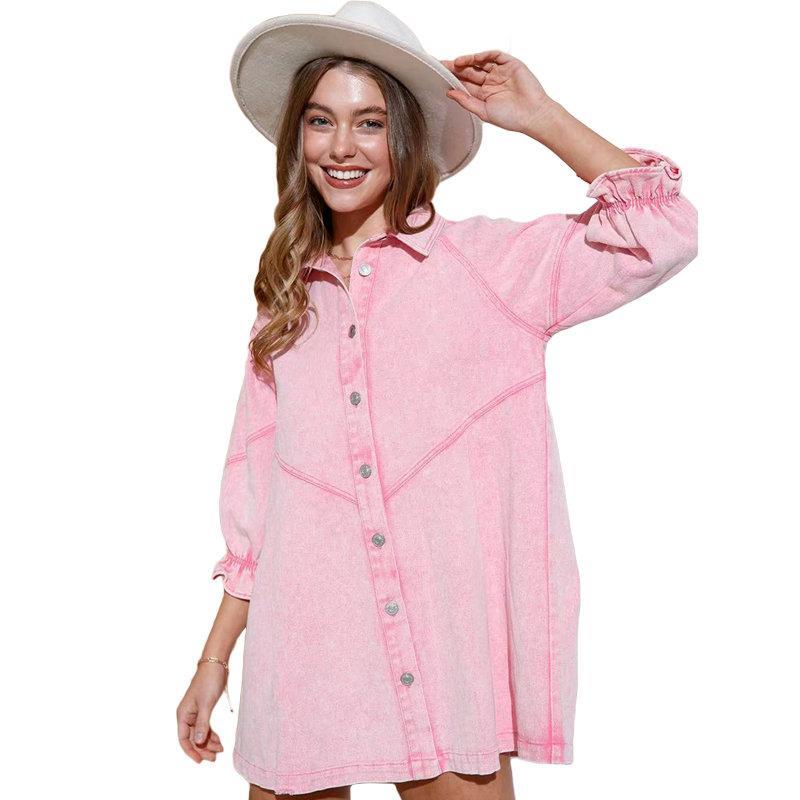 Strapsco Denim Shirt Dress for Fall Lantern Sleeve Vintage Loose Babydoll (Pink, L)