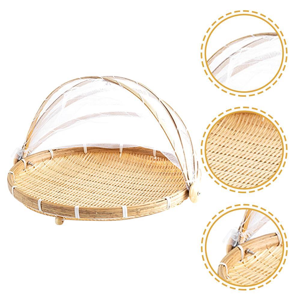 Bamboo Food Serving Tent Basket Food Storage Basket with Mesh Gauze Cover