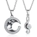 2pcs Set Musical Note and Moon Link Chain Puzzle Pendant Necklace Crystal Rhinestones Couple Necklace Valentines Jewelry Gift for Lovers (Silver)