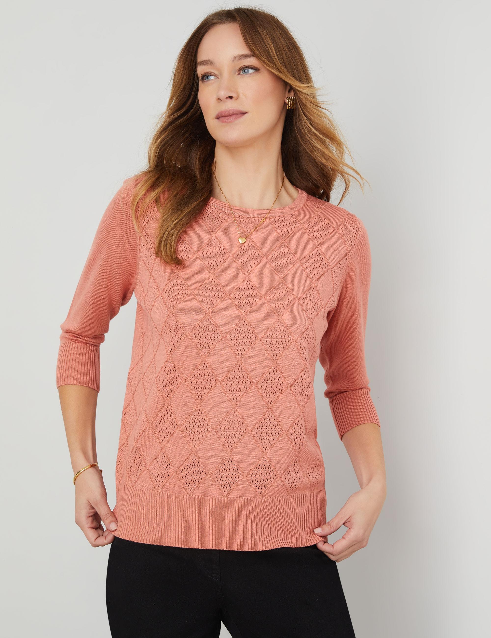 NONI B - Womens Jumper - Regular Winter Sweater - Pink Pullover Texture Diamond - 3/4 Sleeve - Burnt Coral - Crew Neck - Smart Casual Work Clothing