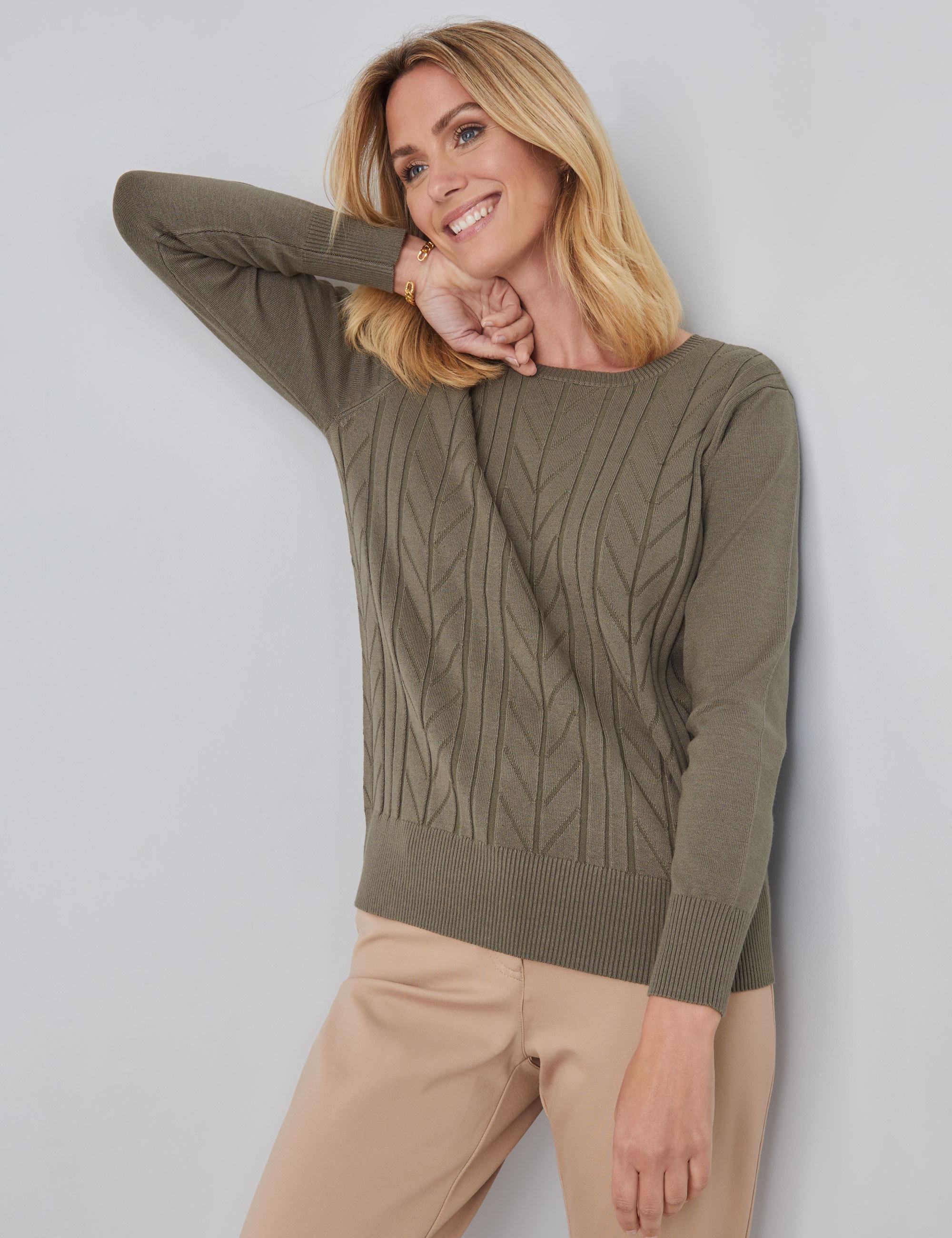 NONI B - Womens Jumper - Regular Winter Sweater - Green Pullover Cable Knit - Knitwear - Long Sleeve - Dusty Olive - Crew Neck - Chevron - Casual Wear
