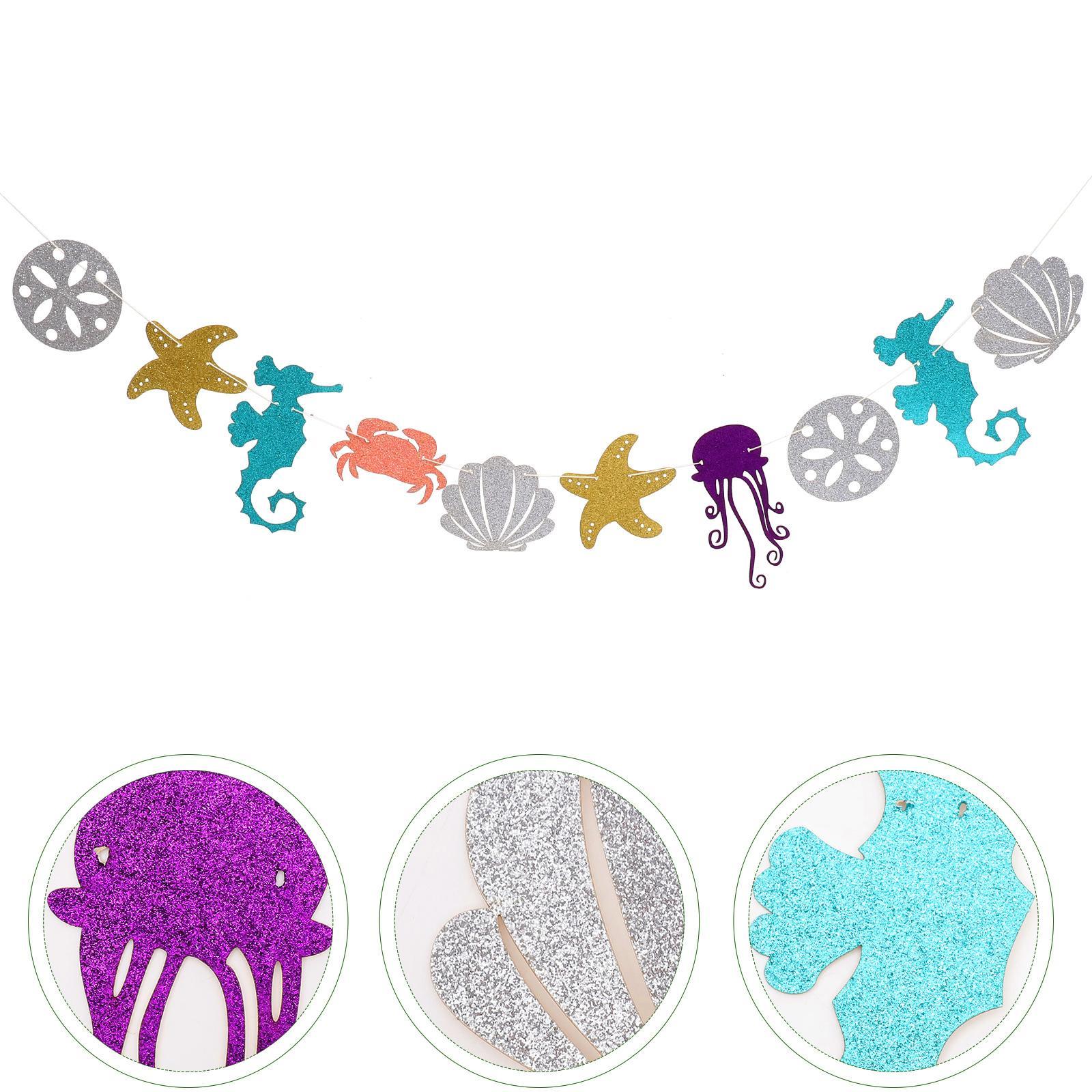 Hawaiian Luau Garland Seahorse Jellyfish Seashell Crab Sea Star Glitter Banner for Summer Pool Birthday Party Decoration
