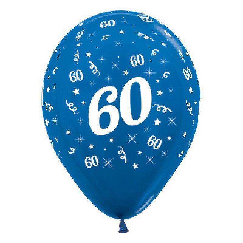 60th Birthday Metallic Blue Latex Balloons 6 Pack