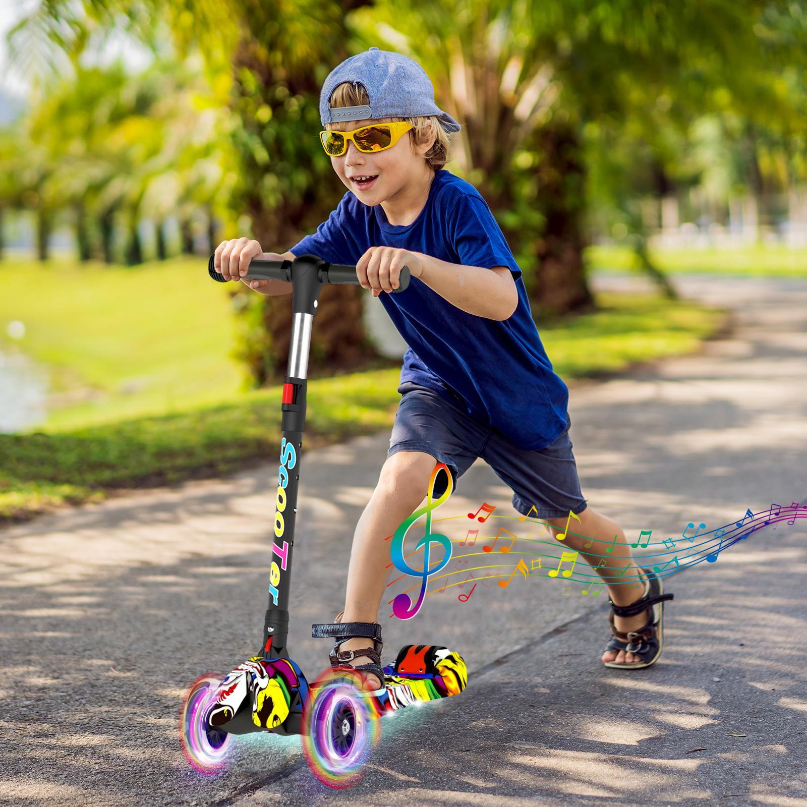 Advwin Kids Scooter Folding Kick Scooter 4 Adjustable Height with Music Light Up Wheel Scooter Lean to Steer for Ages 3-12 Graffiti