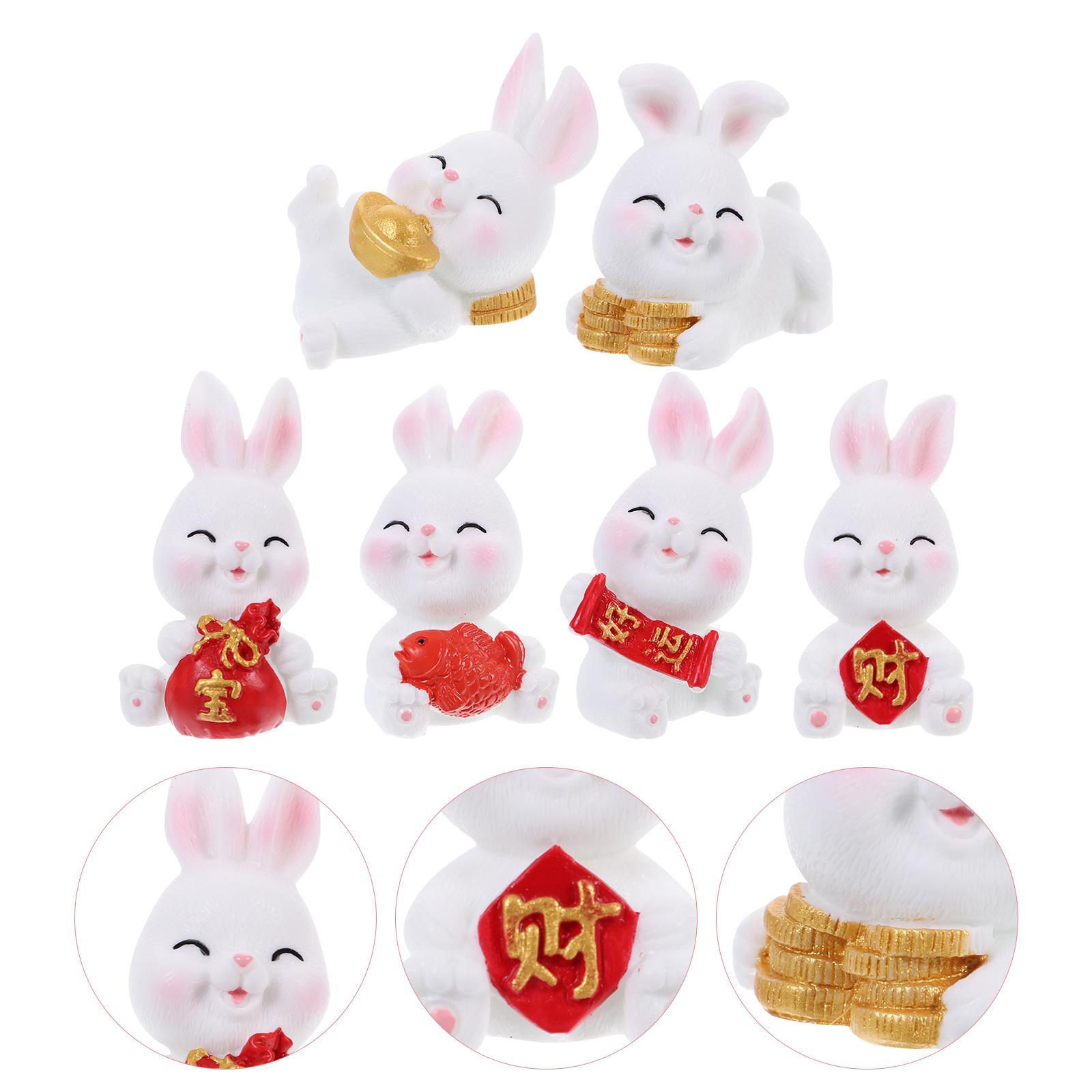 6 Pcs Car Zodiac Resin Bunny Figurines Rabbit Decors Adorn Table Decorative