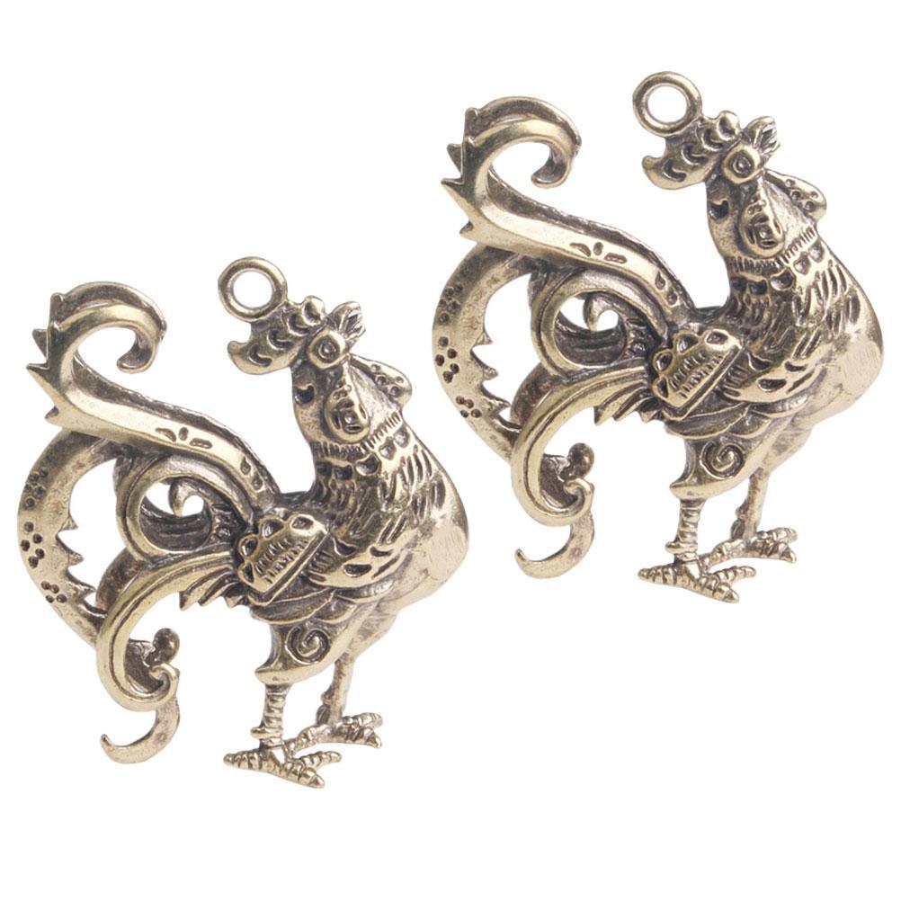 2 Pcs Fengshui Key Ring Old Bronze Brass Rooster Pendant Keychains Retro Home Decor Chinese Zodiac