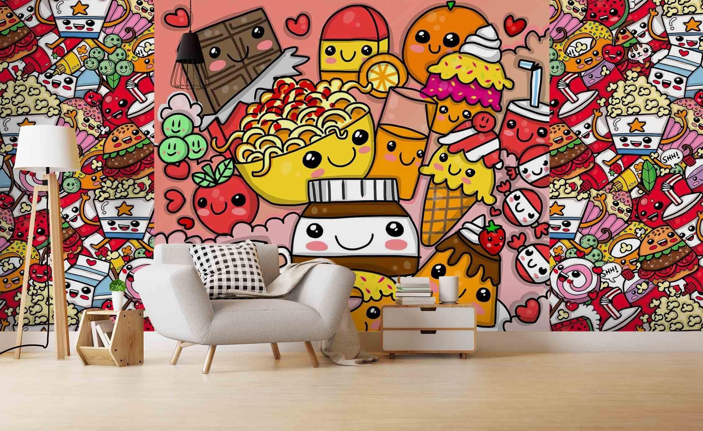 3D Colourful Cartoon Apple Popcorn Ice Cream Wall Mural Wallpaper ZY D100
