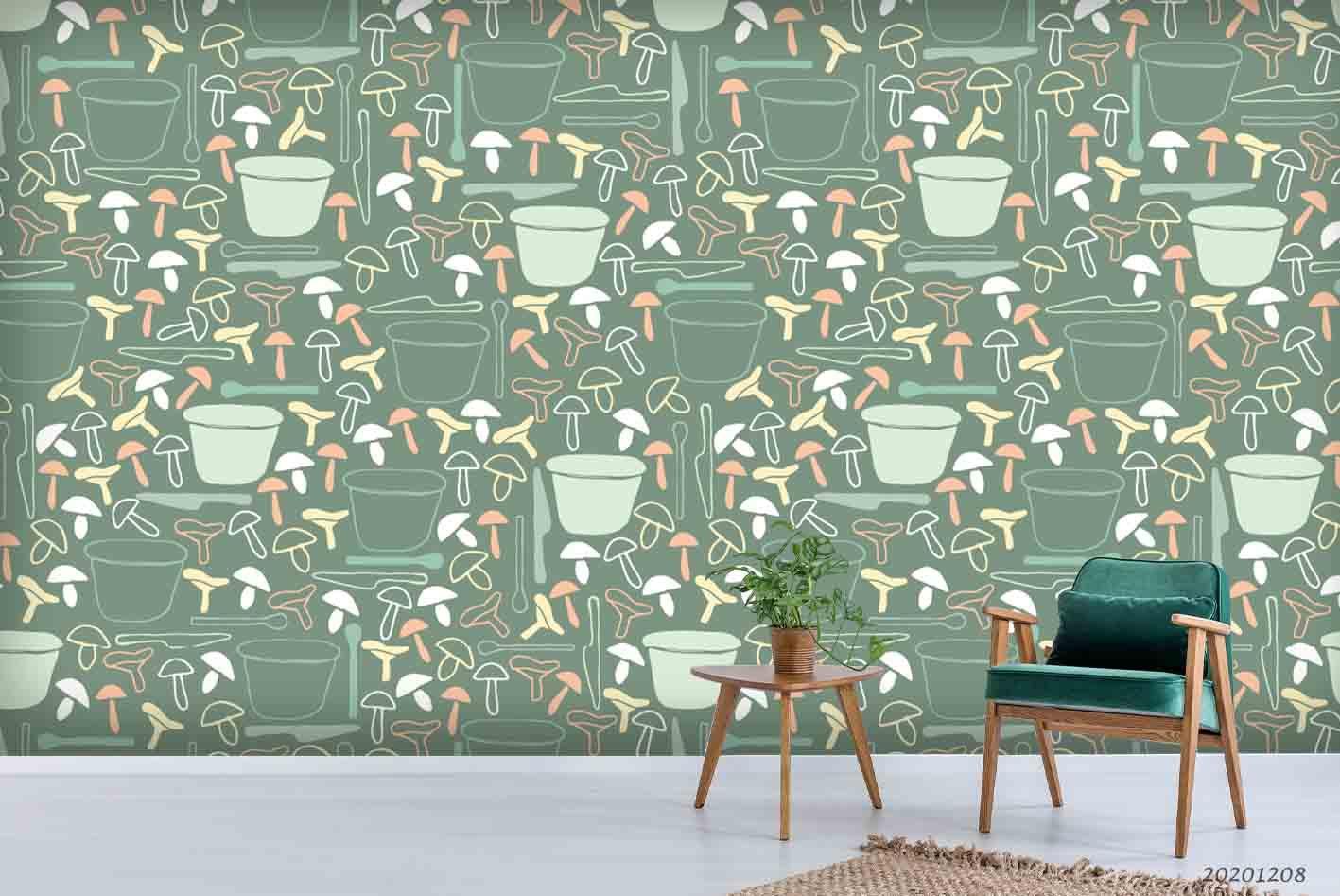 3D Hand Drawn Green Barrel Mushroom Pattern Wall Mural Wallpaper LXL
