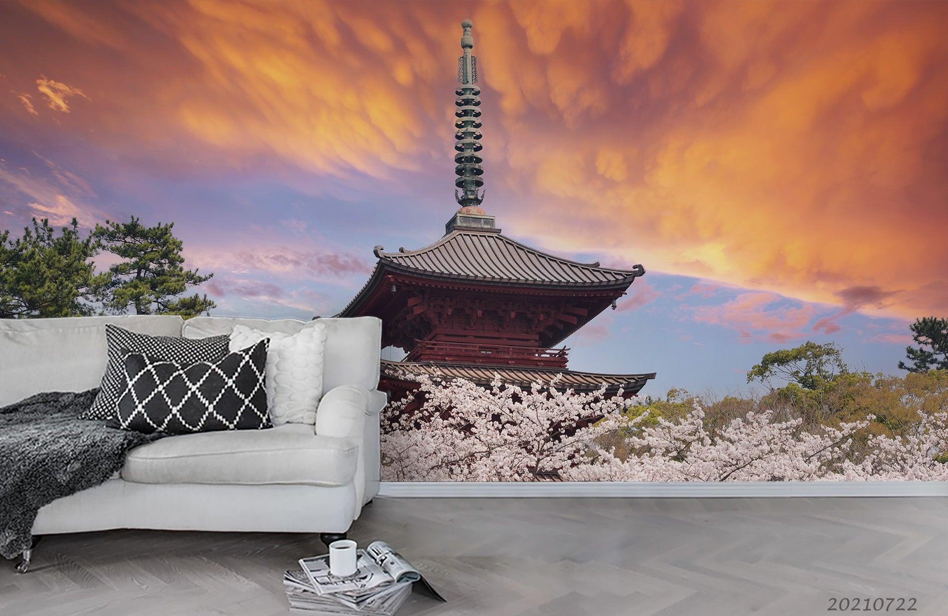 3D Japan Sunset Sky Temple Sakura Wall Mural Wallpaper LQH 147