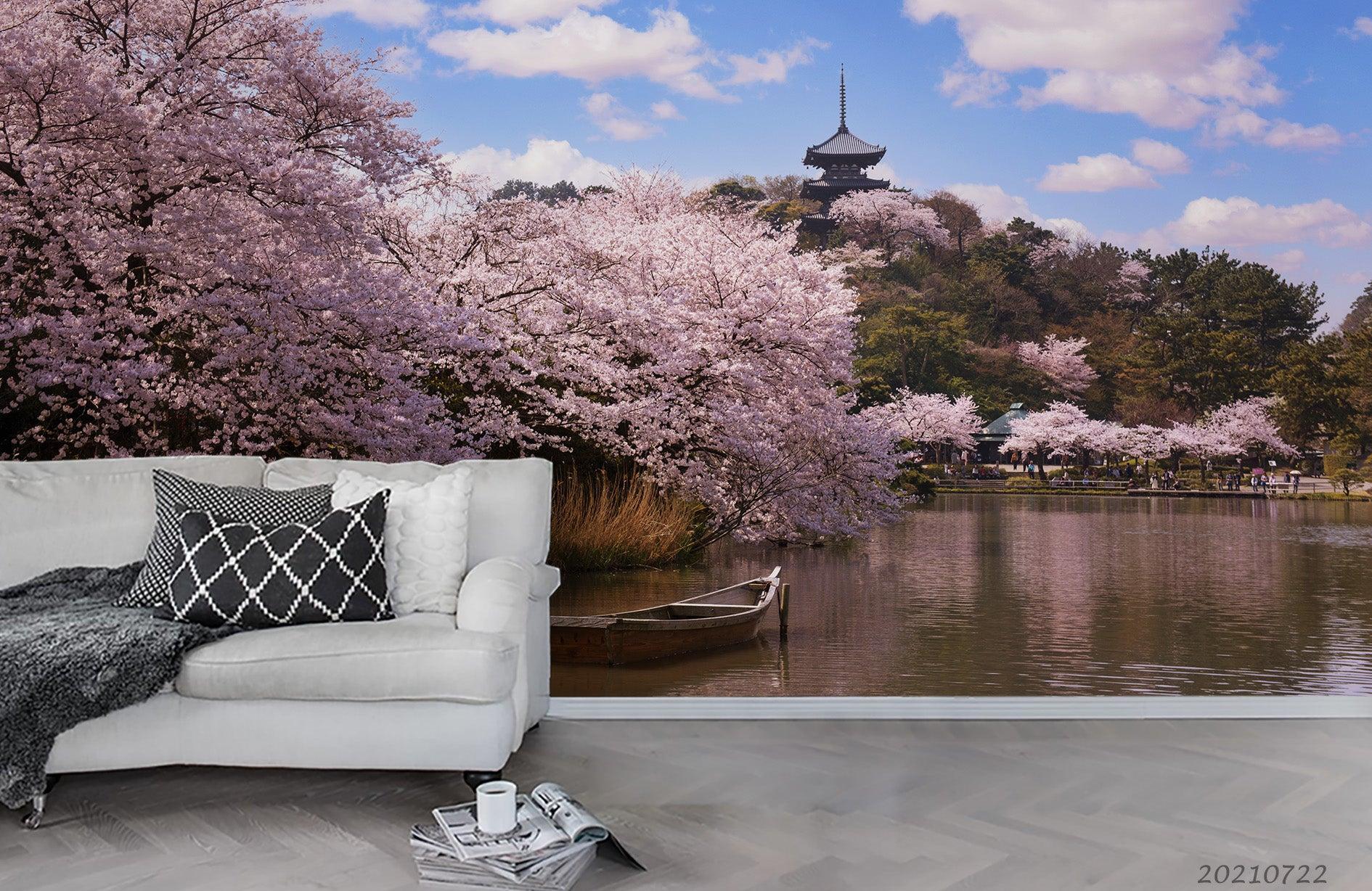 3D Japanese Temple Pink Cherry Blossom Landscape Wall Mural Wallpaper LQH 150