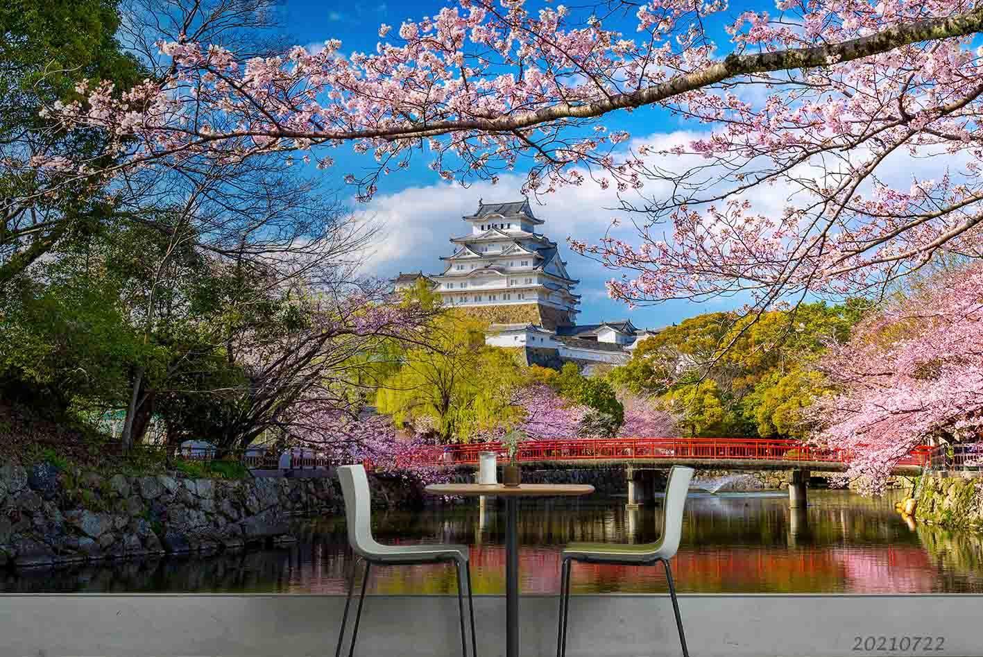 3D Japanese Temple Sakura Floral Wall Mural Wallpaper LQH 675