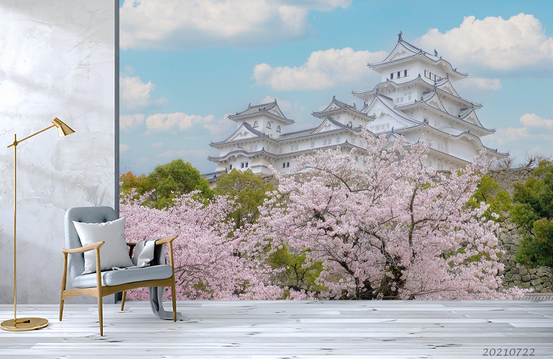 3D Japanese Temple Pink Cherry Blossom Wall Mural Wallpaper LQH 361