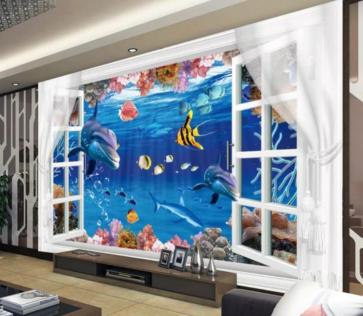 3D Ocean Animal Shark Seaweed Window Curtain Wall Mural Wallpaper LLL 1309